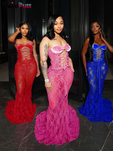 Weird Puss Sexy Party Dress Women Mesh Patchwork Strapless Ruffring Hollow Coquette Banquet Elegant Summer Trend Maxi Bodycon
