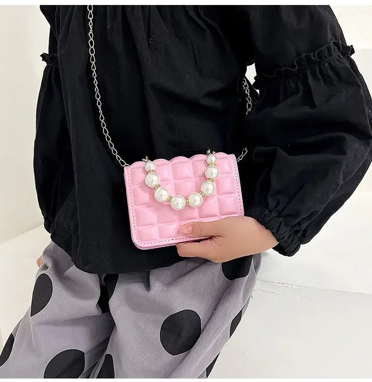 Fashion Girls Princess Pearl Handbag Pu Plaid Children's Small Square Shoulder Bag Chain Crossbody Bags Flap Coin Purse for Kids