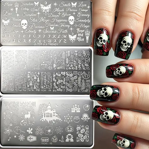 1Pcs Halloween Theme Nail Stamping Plate Gothic Skull Old English Butterfly Skeleton Pattern Nail Printing Template DIY NailTool
