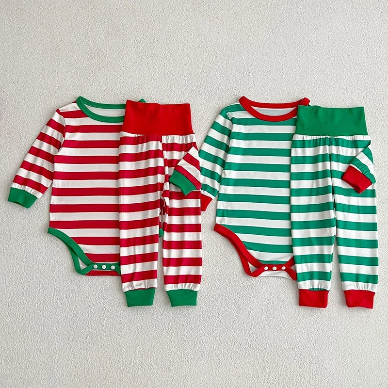 2024 Christmas Set Childrens Clothing Baby Set Red Green Stripes Winter New Baby Jumpsuit +Pants 2PCS Cute Childrens Clothing