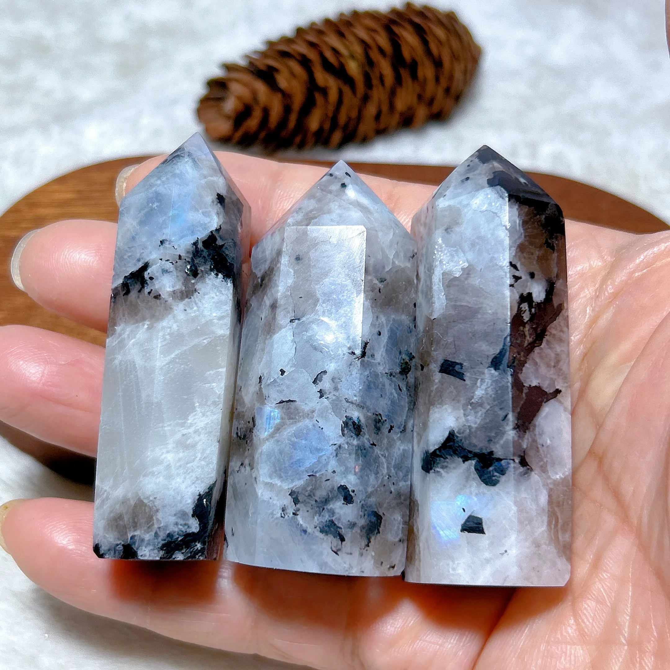 

Natural Crystal White Moonstone Black Tourmaline Tower Point Gemstones High Quality Healing Mineral Home Decorations Gift