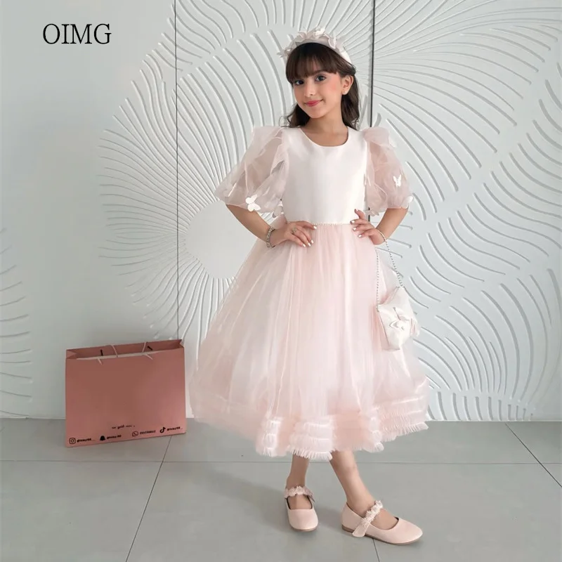 OIMG Pink O Neck A Line Flower Girl Dresses Butterfly Puff Sleeves Birthday Wedding Gown Tea Length Party Dress Customized