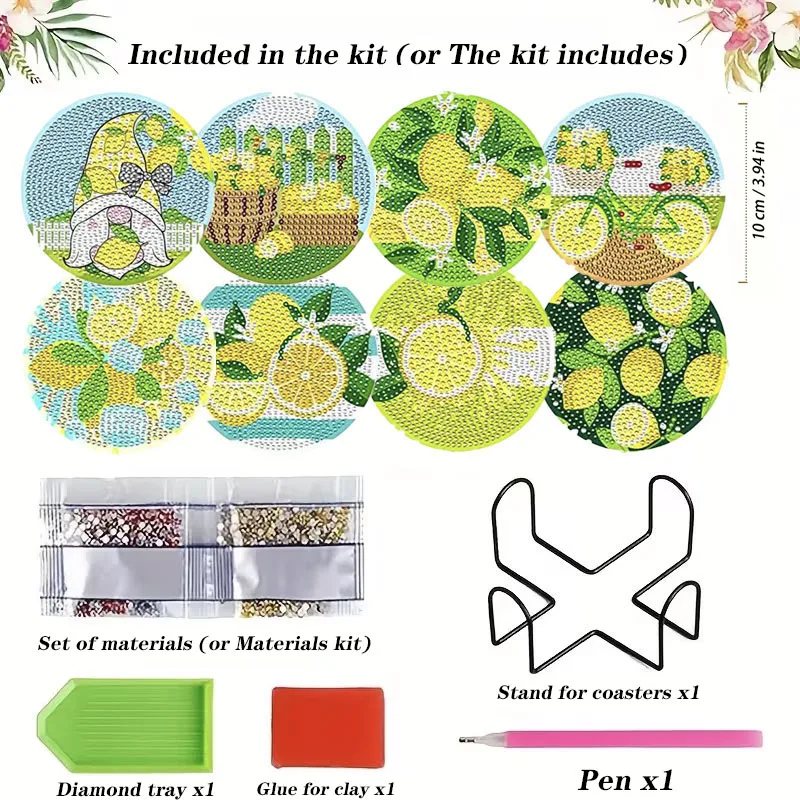 8PCS Summer Lemon & Gnome Diamond Painting Coasters with Holder, Full Drill DIY Crystal Art Kit for Beginners, Home Decor Gift