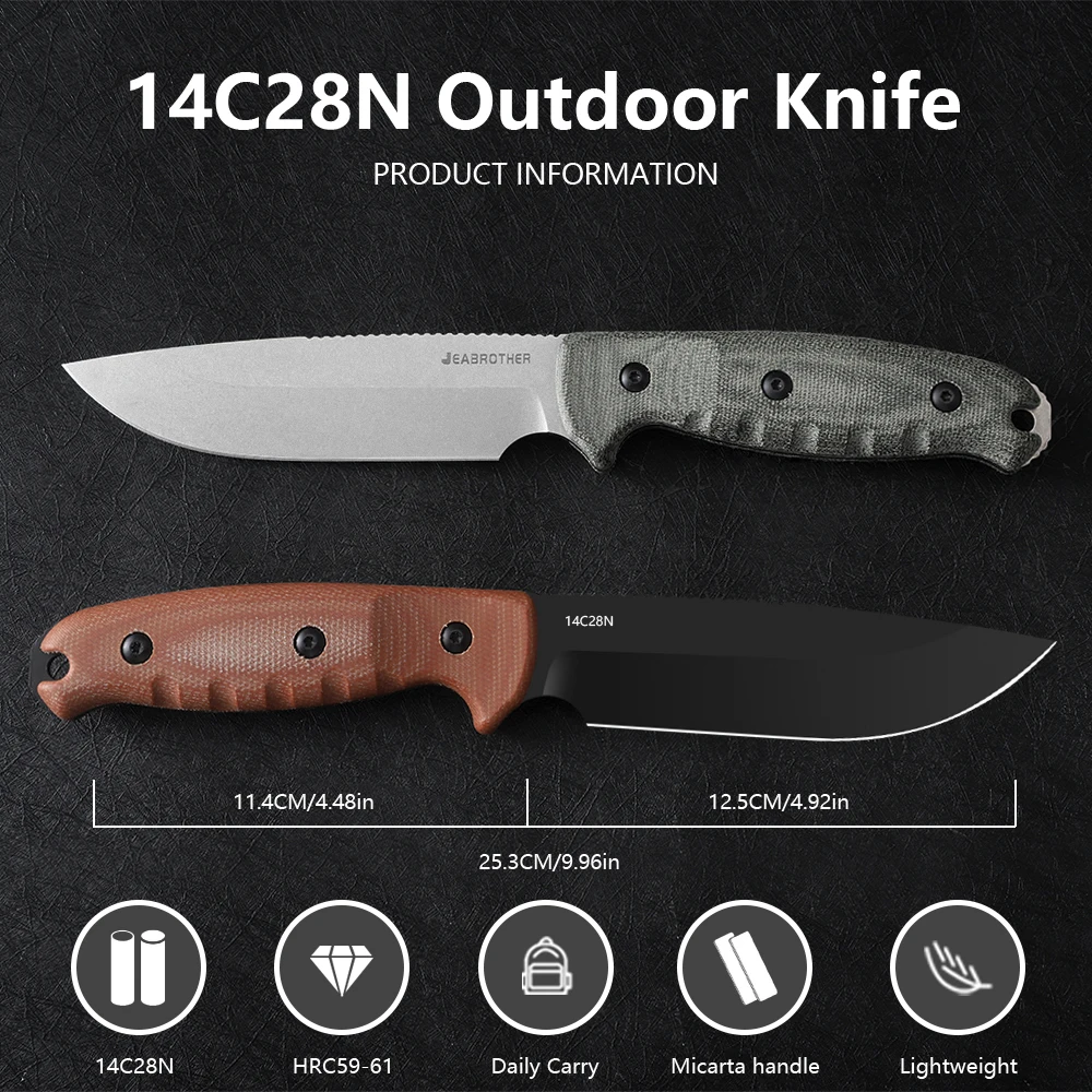 JEABROTHER fixed blade knife with 4.92-inch 14C-28N blade Mikta handle, Kydex sheath, EDC outdoor