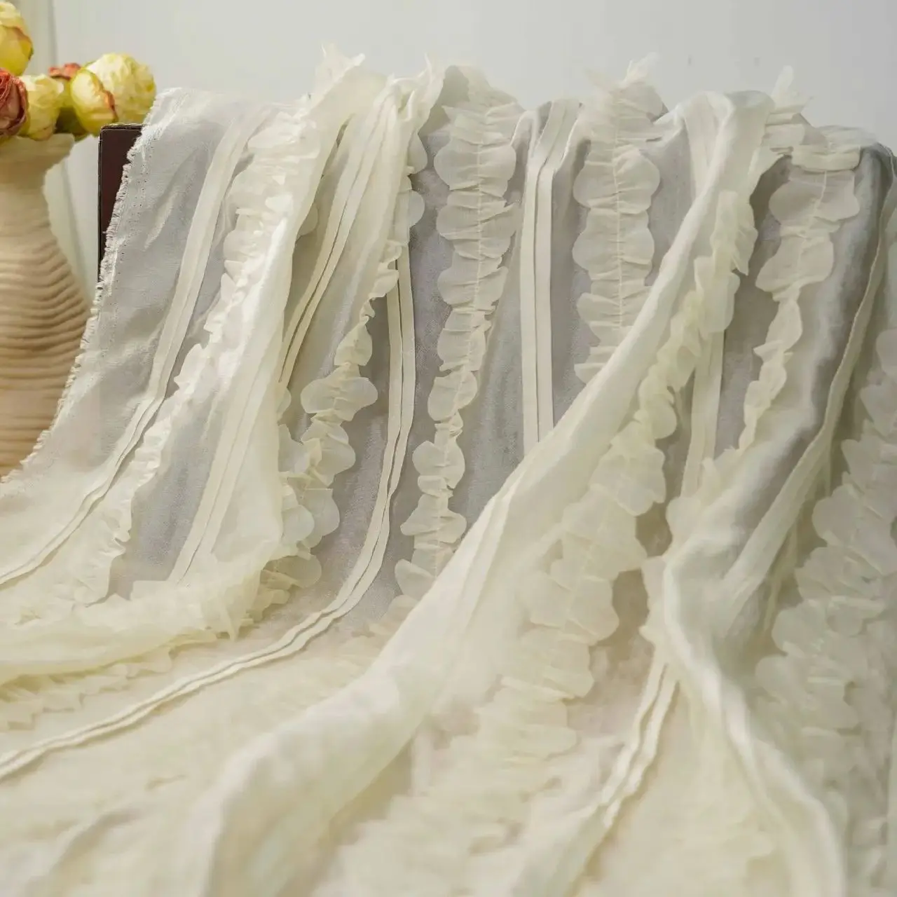 

Elegant 3D lotus leaf lace pleated chiffon embroidered fabric for dresses, skirts, shirts, designer fabric by meter