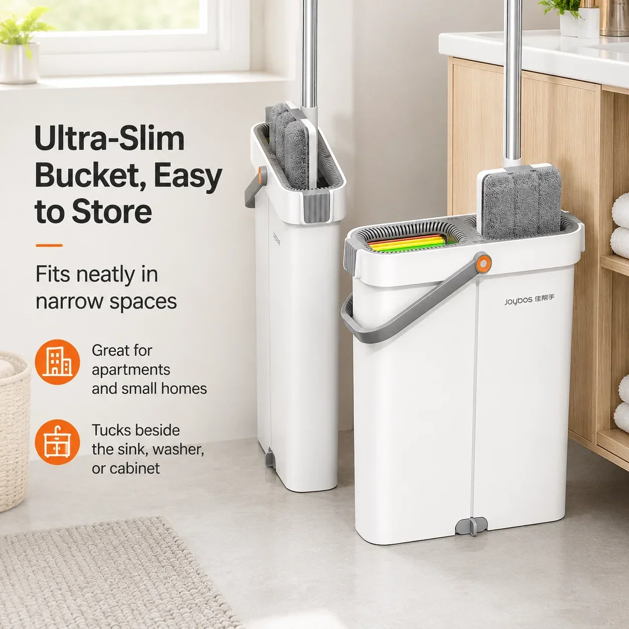 Image of Joybos Ultra-Slim Flachmopp-Set mit Eimer 360° ° Schwenkbares, freihändiges Wasch- und Trocknungssystem mit 2 Mikrofaser-Pads für Hartholz, Fliesen und Laminat