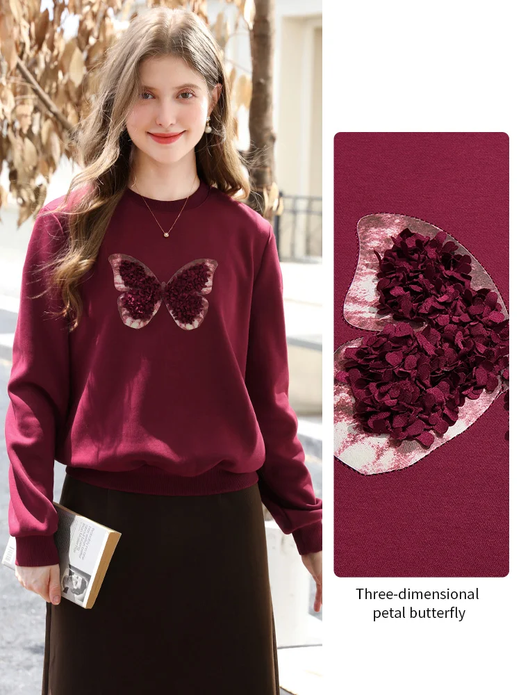 I BELIEVE YOU Rotes Sweatshirt für Damen, 2022, Herbst-Winter-Mode, dreidimensionales Schmetterlings-Fleece-Sweatshirt mit Rundhalsausschnitt, 2254196151