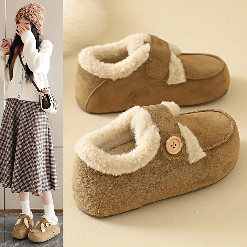 

2025 осенне-зимние женские повседневные слипоны на плоской подошве с круглым носком, короткие плюшевые зимние ботинки, женская новая теплая обувь с толстой подкладкой