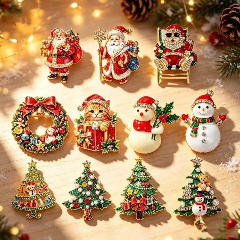 Christmas Themed Brooch Pins With Sparkly Rhinestone Adorable Designs Perfect For Xmas Party Wear Holiday Gift Giving