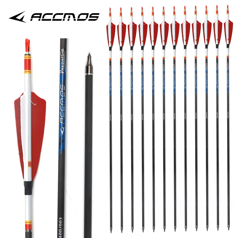 12pcs ACCMOS Archery Pure Carbon Arrow ID6.2mm 32in Shaft Spine 250/800 Bow Outdoor Hunting Shooting Training Arrow