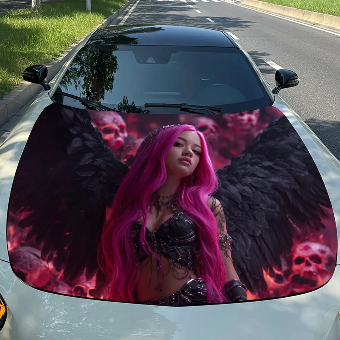 Pink Haired Black Winged Girl Car Vinyl Wrap, PVC Waterproof Car Hood Sticker, Self-Adhesive Scratch-Resistant Stickers For Engi