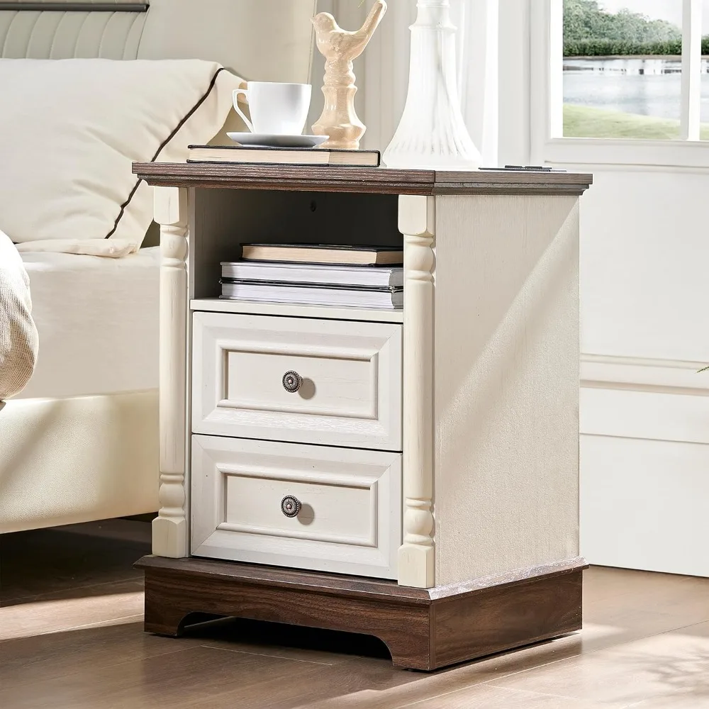 

Nightstand with Solid Wood Roman Column & Charging Station, Modern 2-Drawer Bedside Table, Farmhouse Wood End Table with Storage