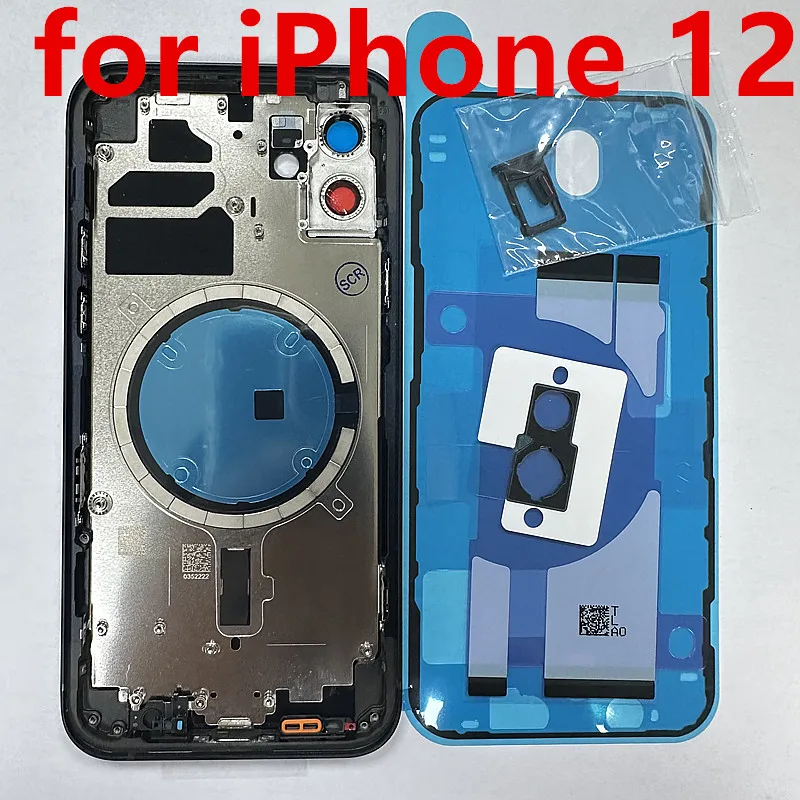 Cubierta trasera para iPhone 12, 5G, versión estadounidense, puerta trasera de batería, cristal trasero con marco medio, bandeja SIM, piezas de repuesto para llave lateral