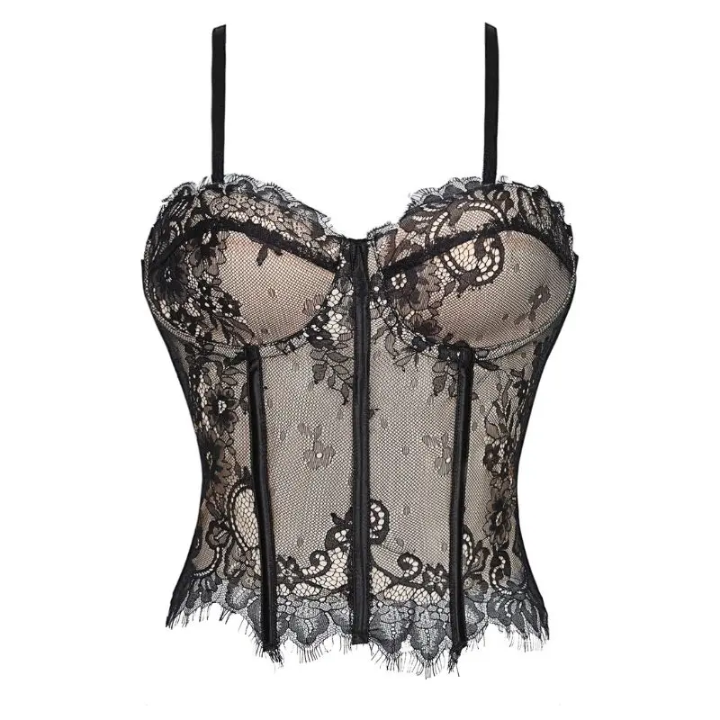 Top negro transpirable con tirantes de malla, escote pronunciado, corsé ajustado que realza el busto