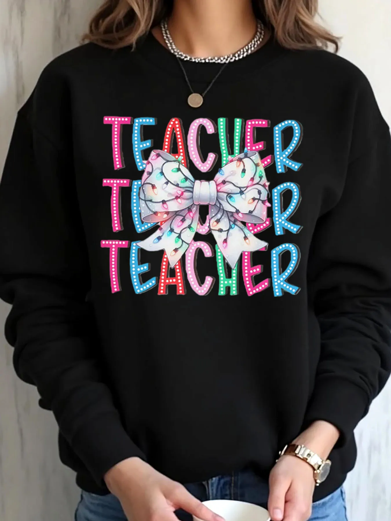 

Женская толстовка большого размера с рождественским бантом для учителя, уличная одежда с принтом