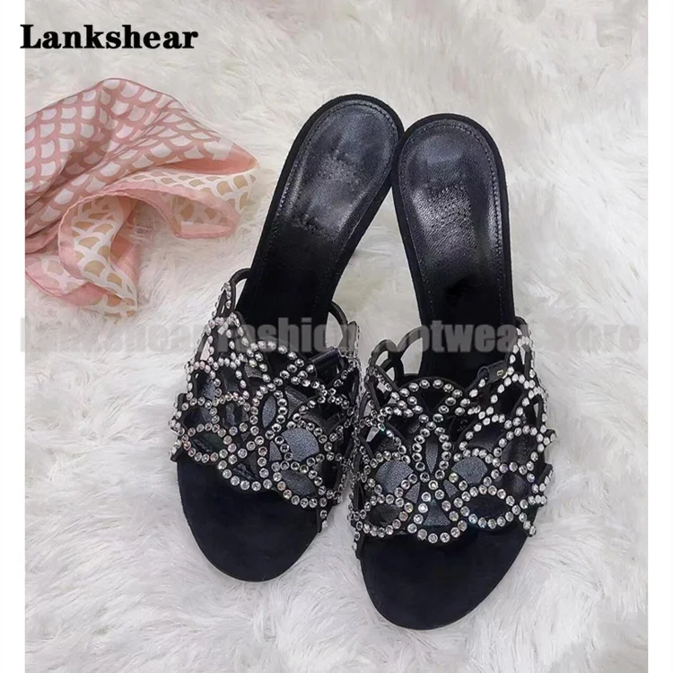 

Hollow Rhinestone Mules Slippers Slip On Party Dress Stiletto High Heels Women Shoes Summer Round Toe Sandalias De Mujer Verano