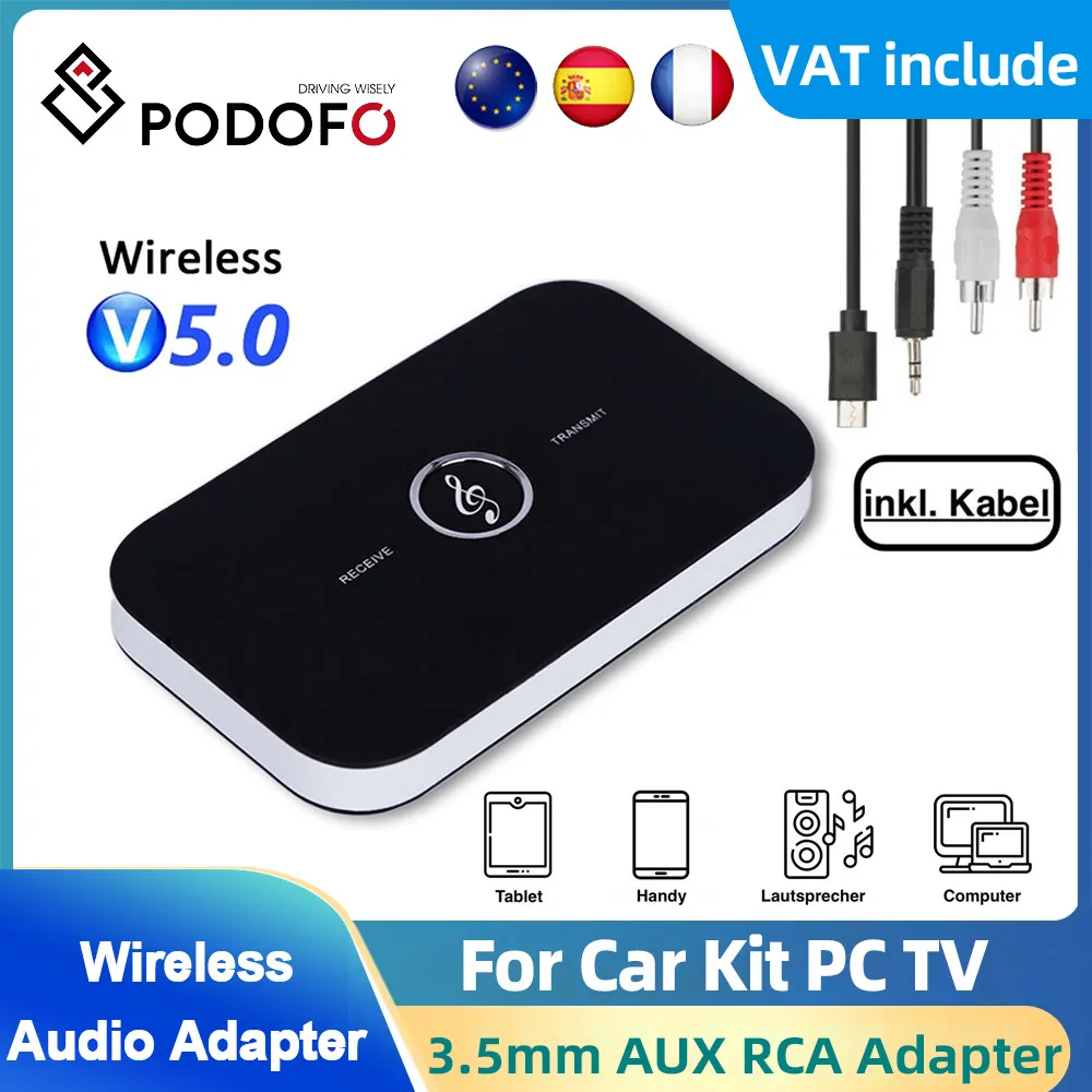 Podofo Bluetooth 5.0 Sound Transmitter Stereo Receiver 3.5mm AUX RCA Key USB Wireless Music Adapter For Car Kit PC TV Headphones