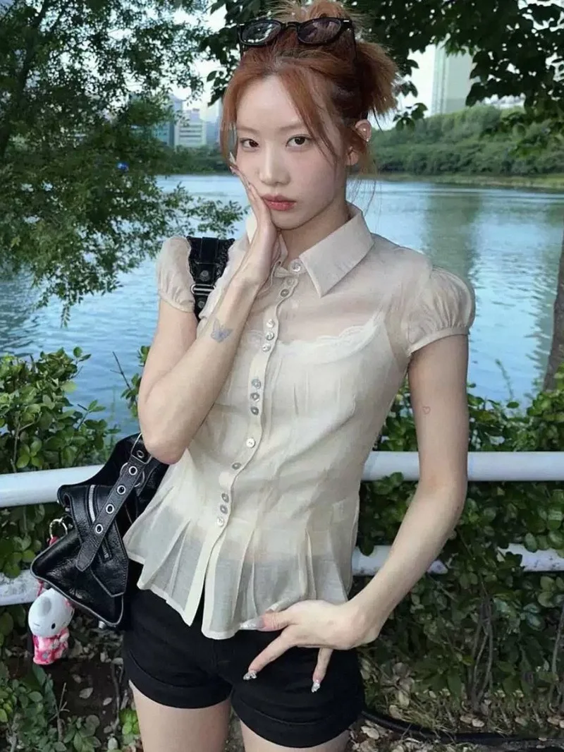 

Zhaomaiyuan Sculptr Pure Desire Sexy Girl Style Silk Microtranslucent Bubble Sleeve Shirt Summer Women's Short Sleeve Shirt