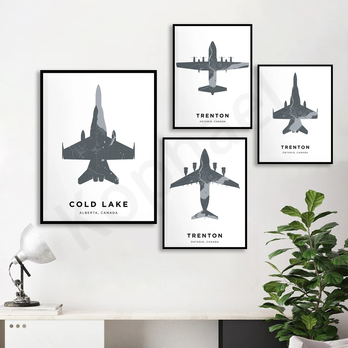 Trenton Ontario Cold Lake Alberta. Travel Scenery Airplane Map Poster. Home Wall Decor Art