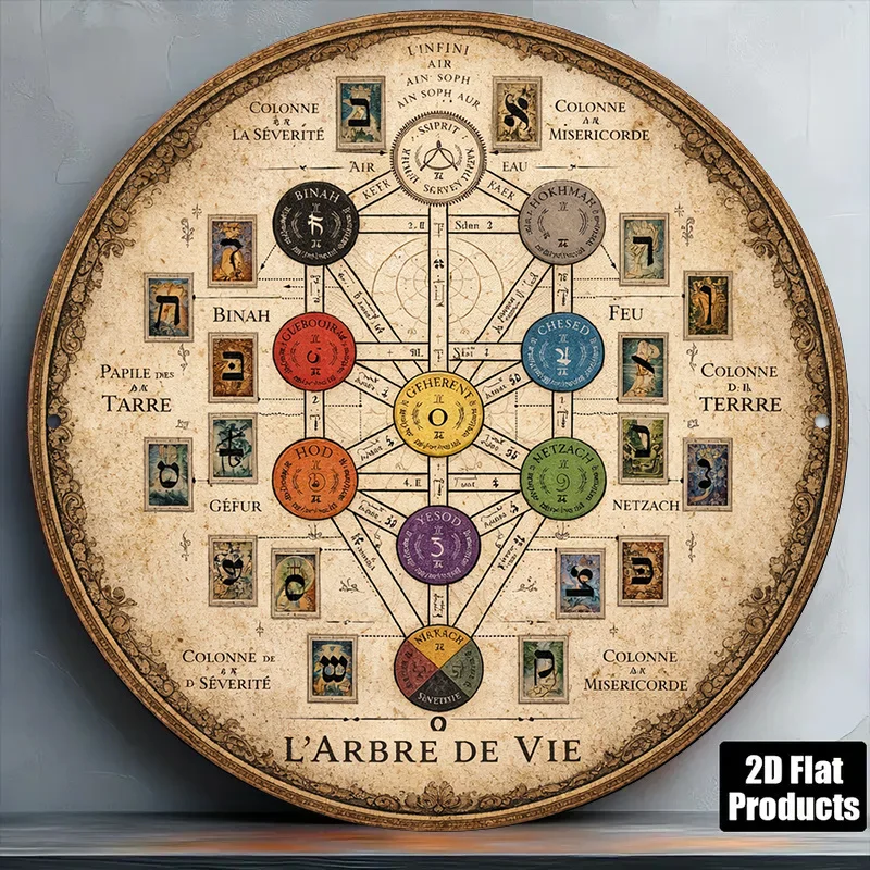 2D Flat, 1pc 2D Flat Round Wooden Sign, Vintage Wooden Plaque Featuring the Tree of Life, Kabbalah Tree of Life Decorative Plaqu