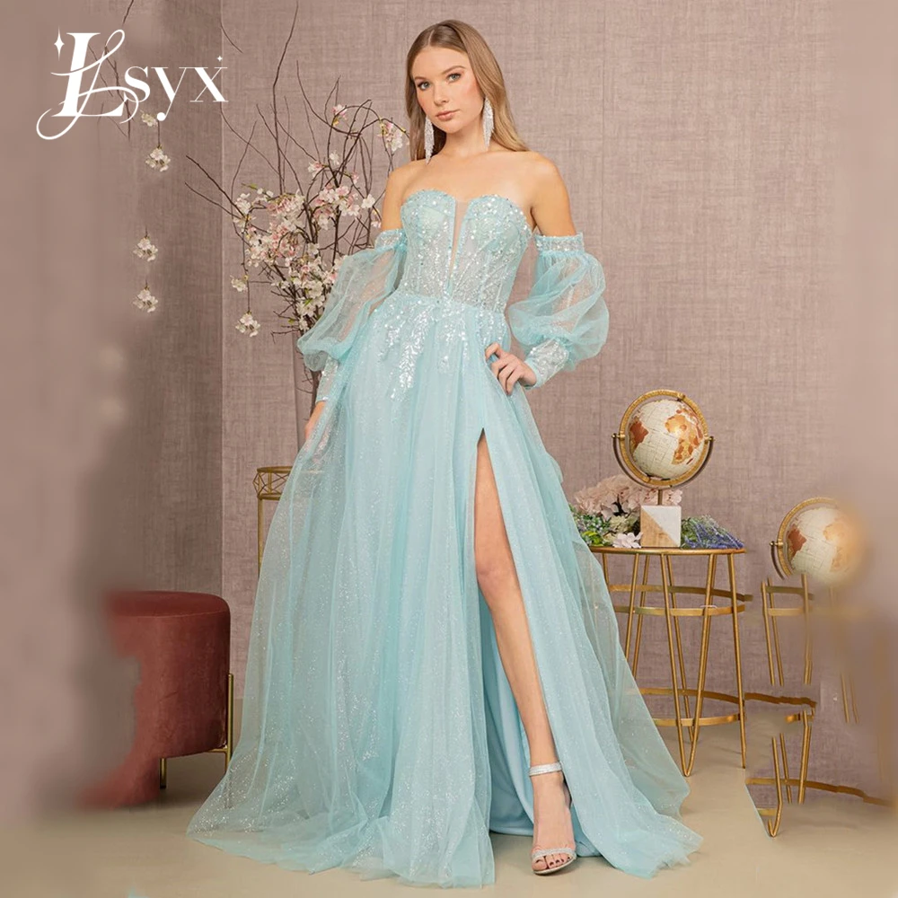 

LSYX Индивидуальное детское синее вечернее платье Sweet Puffy Sleeve Prom Dress Блестящее вечернее платье трапециевидной формы с блестками فساتين مناسبة رسمية