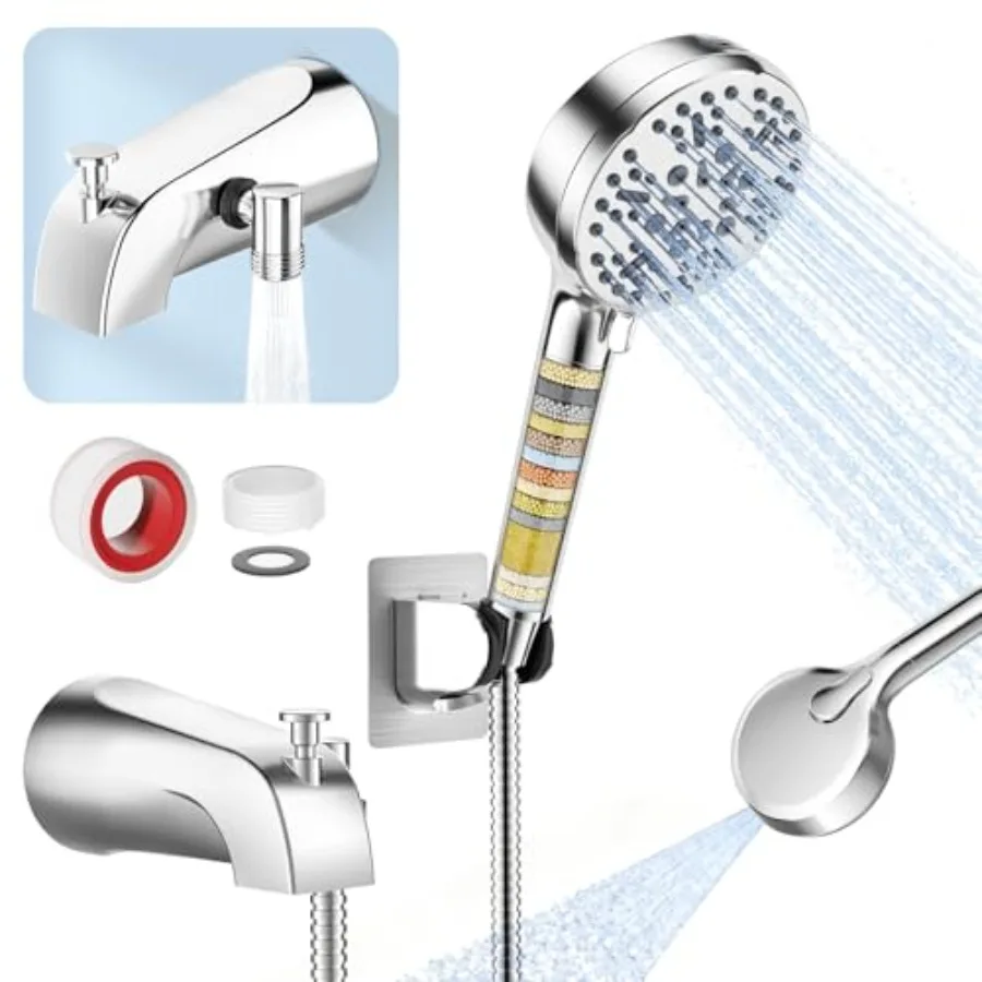 

Смеситель для ванны с фильтруемой ручной душевой лейкой, 6 режимов распыления (от дождевого до пудрового), излив для ванны с переключателем, удлиненный шланг 79 дюймов