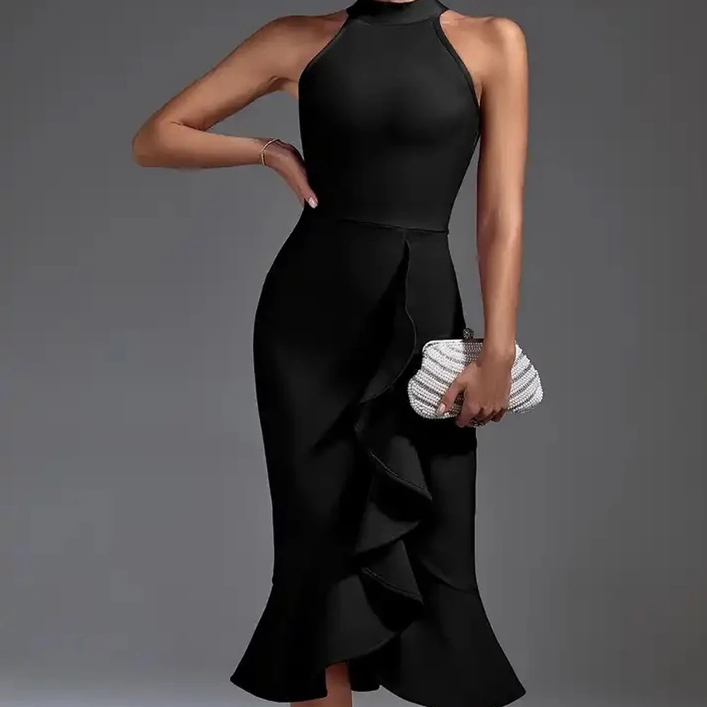 

Modern and Classic Black Jersey Ruched High Neckline Evening Dresses Straight Knee Length Sleeveless Pleats Celebrity Gowns 2024