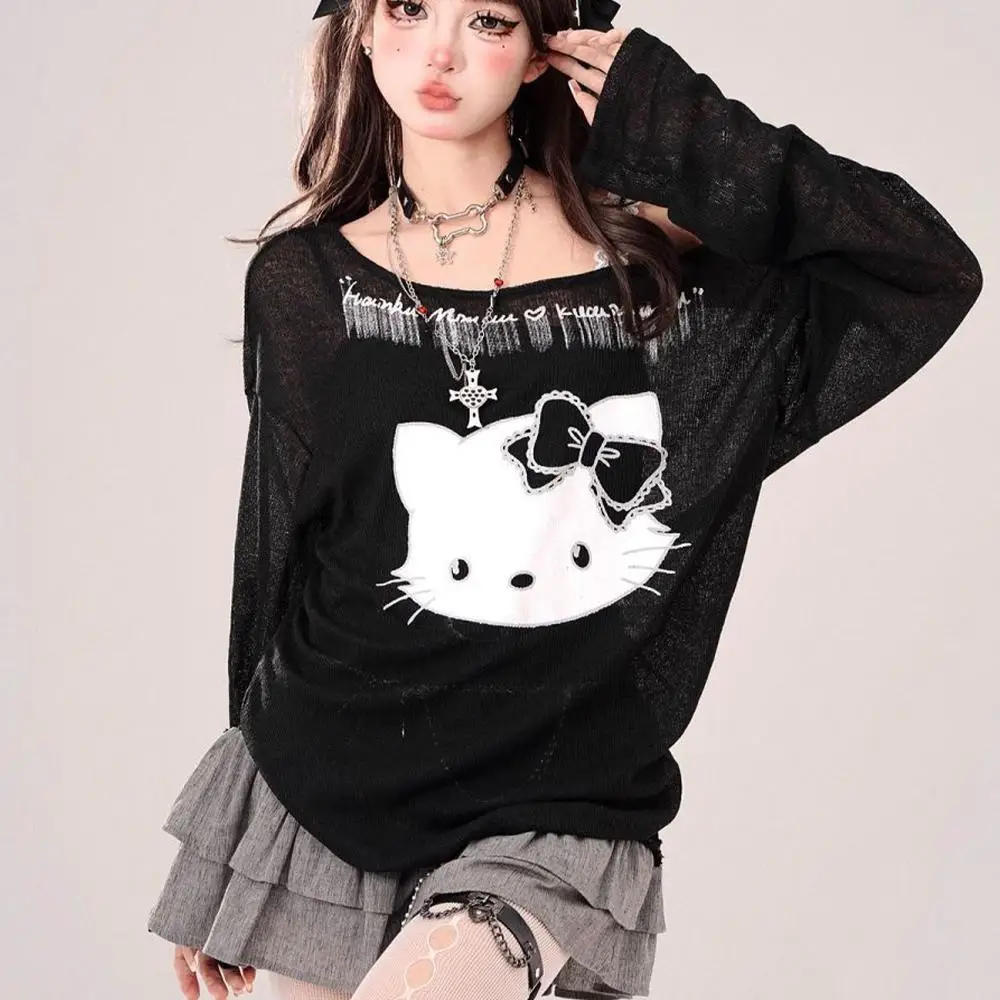 

Женская милая футболка с длинными рукавами Hello Kitty Sanrio с героями мультфильмов, летний повседневный свободный топ с открытыми плечами Kt для студентов, солнцезащитный топ