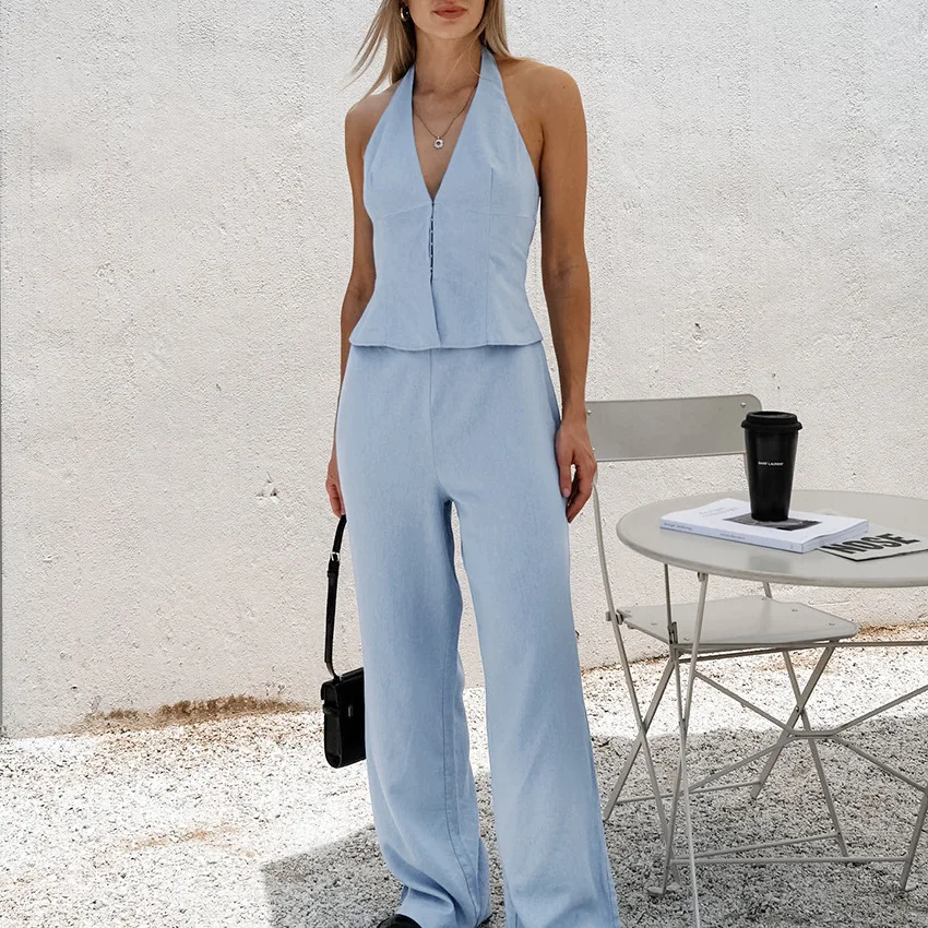 

Two Pieces Women Pant Sets Solid Matching Sets Halter Neck Sleeveless Top Empire Elastic Waist Wide Leg Pants Casual 2025 Summer