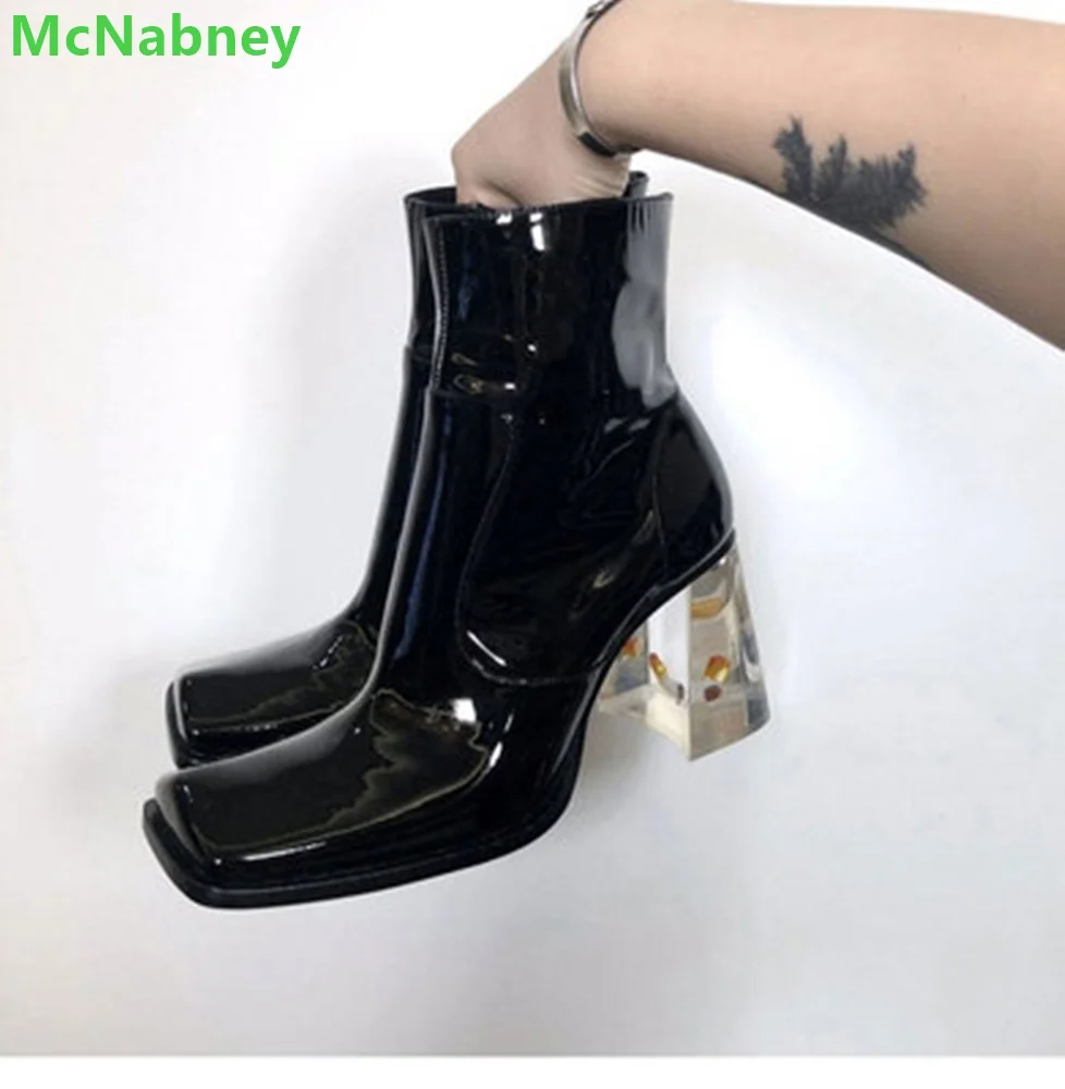 Transparent Rose And Cigarette Black Boots For Female Women Side Zipper Square Toe Ankle High All-match Fashion Runway Shoes