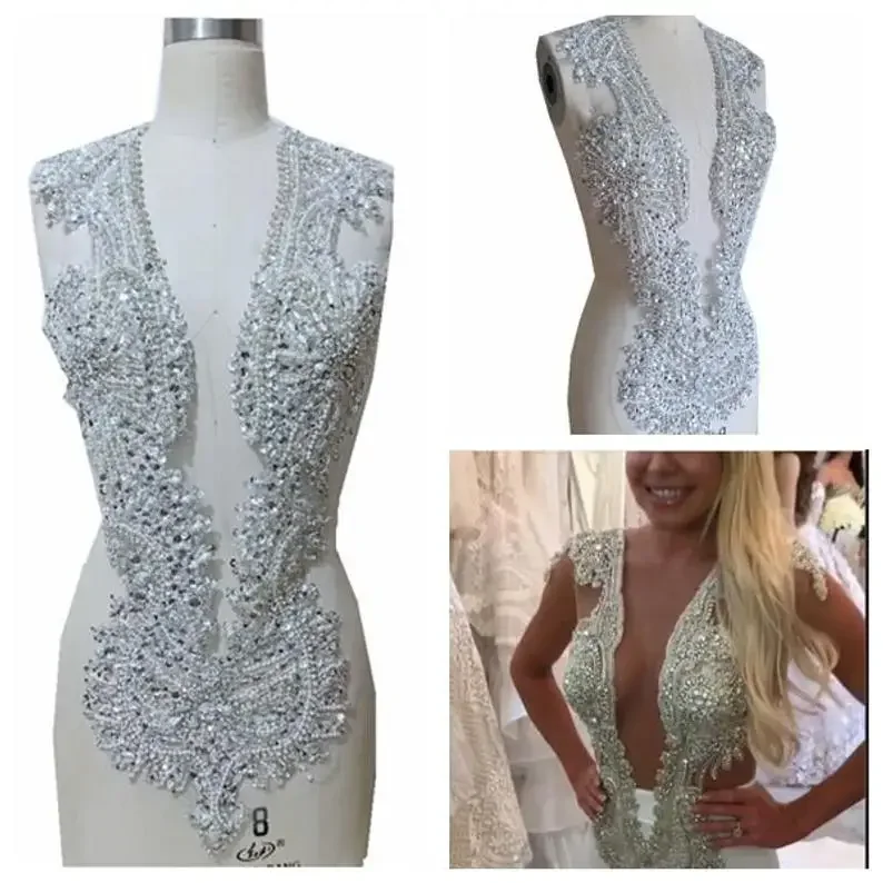 6 Colors V Shape Crystal Sew On Full Body Rhinestone Applique With Sequins, Beads 63*42cm For Bridal Wedding Dress