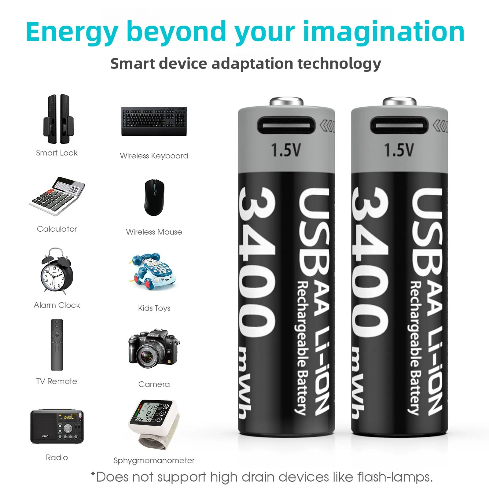 USB Rechargeable Lithium Battery,AA Size (No.5),1.5V Constant Voltage,3400mWh High Capacity,for Toys, Remote Controls and Mice