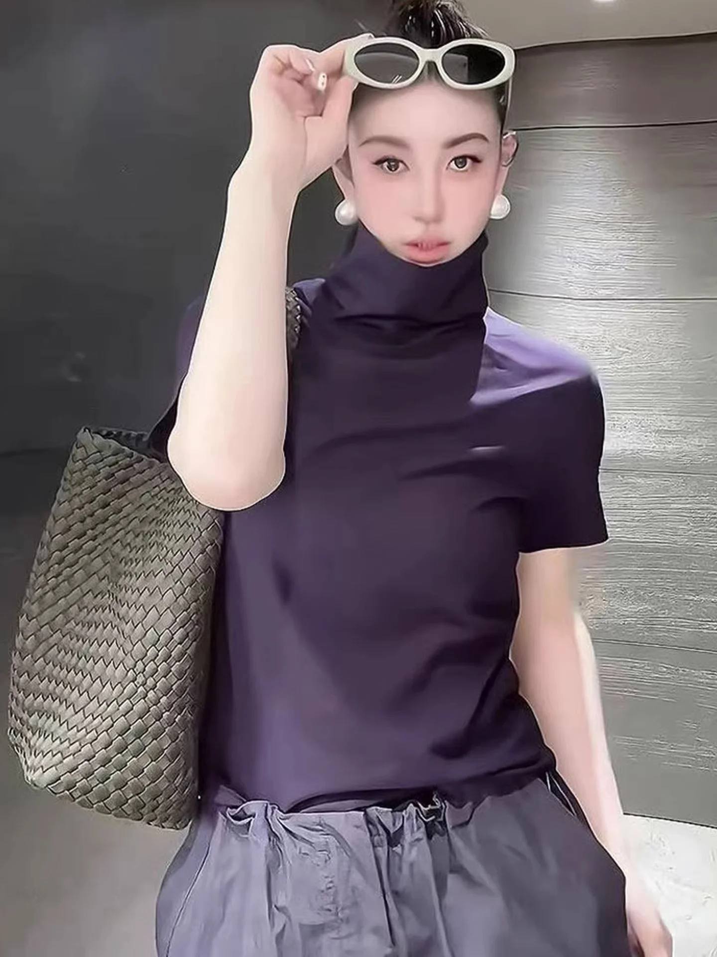 

Ele Pure Color High Collar ort Sve T-irt Women's Simple Sle Spring Faion Top Quali Korean Version Slim Fit