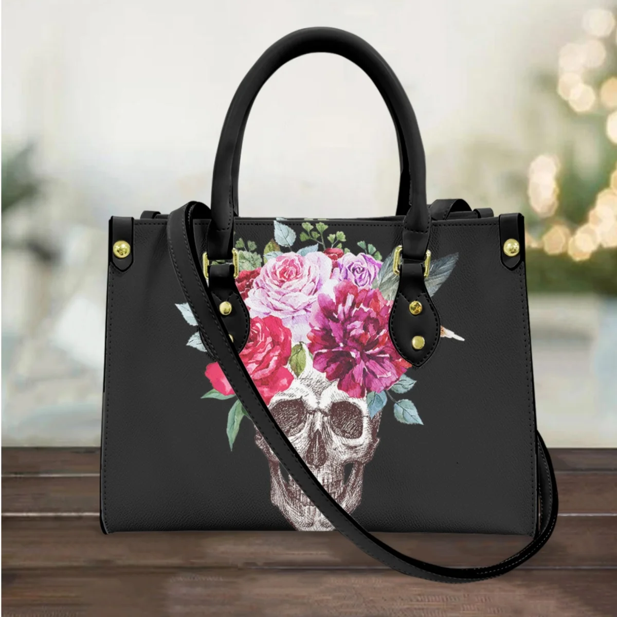 

FORUDESIGNS Female Leather Handbags Floral Skull Pattern Tote Bags Portable Shoulder Bags Fashion Commuting Storage Makeup