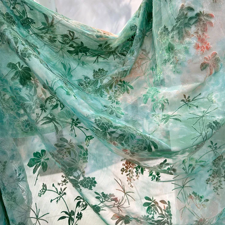 1yard Green Color Burnout Velour Lace Tie-dye Flocking Fabric African Tulle Jacquard Fabrics for Dress DIY Clothing