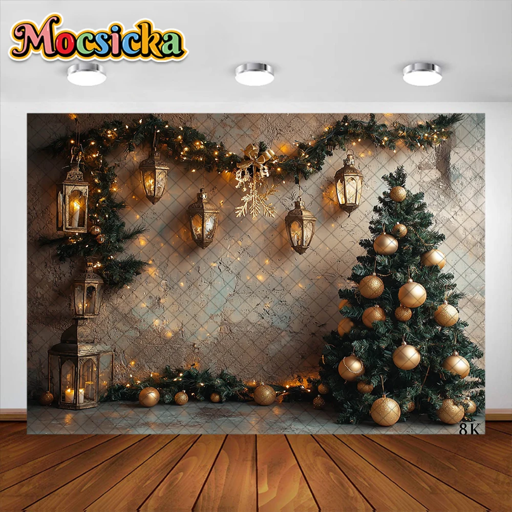 Properti Studio latar belakang fotografi Natal, karangan bunga Natal emas, dekorasi malam, properti Studio foto potret liburan untuk anak-anak