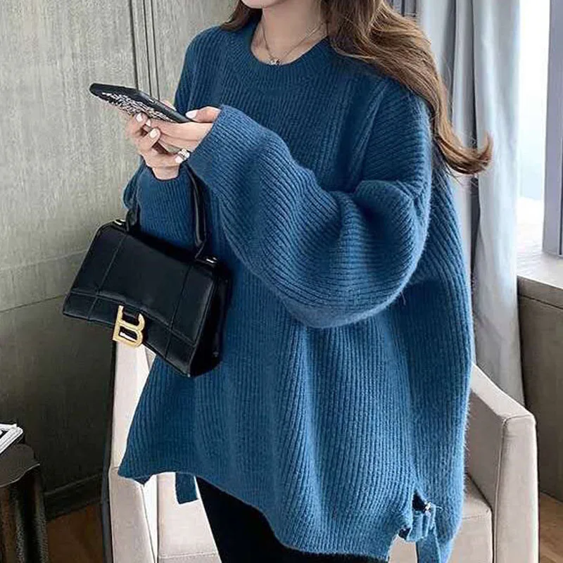 

Autumn Winter Solid Color Round Neck Fashion Knitted Pullovers Long Sleeve Korean Loose Chic Lace Up Sweaters Women's Clothing