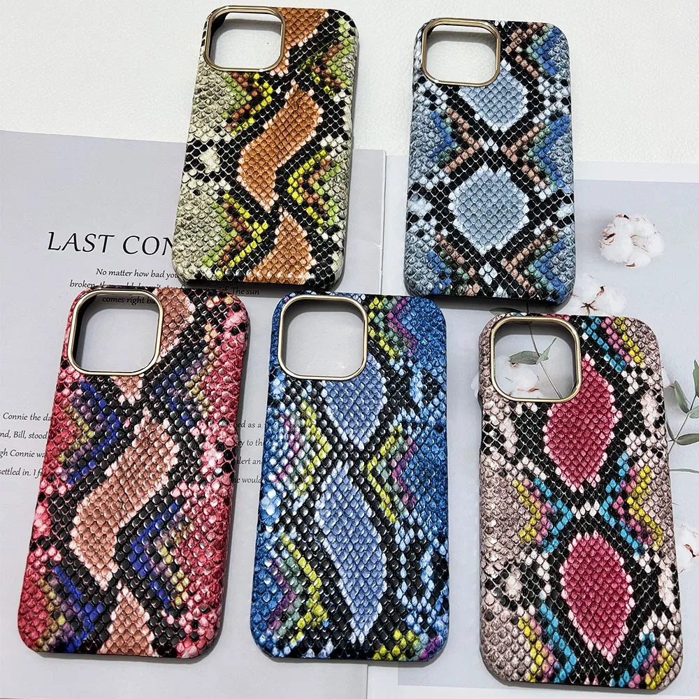 New Luxury Snakeskin Pattern Leather Phone Case for apple iphone 16 14 13 12 7 8 plus 11 15 Pro X XS XR MAX  Hard PC Party Cover