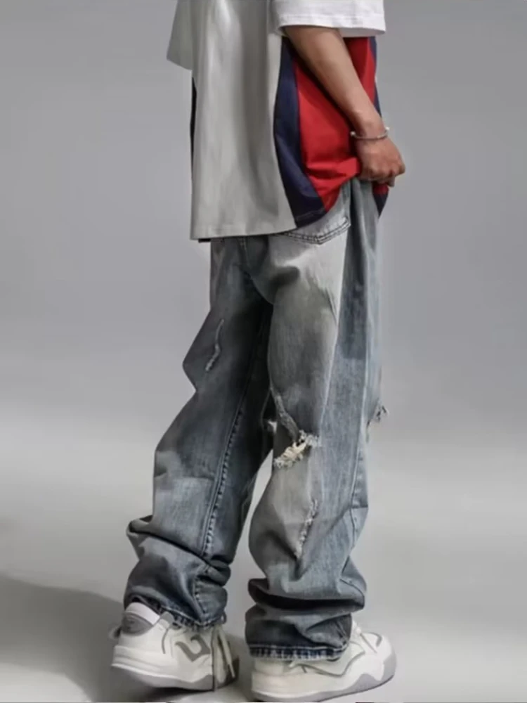 Jean ample pour hommes, trou droit, pleine longueur, Style américain, Vintage, pantalon en Denim, assorti avec tout, populaire, collège d'été, nouveau