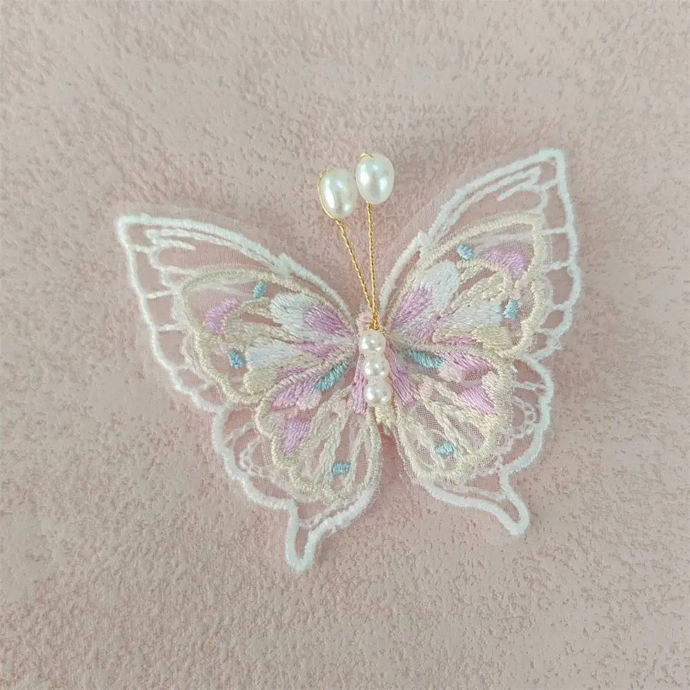 3D Pearl Butterfly Appliques Double-layer Cloth Butterfly Embroidered Patches Chinese Style Simulation Fabric Butterfly Patch