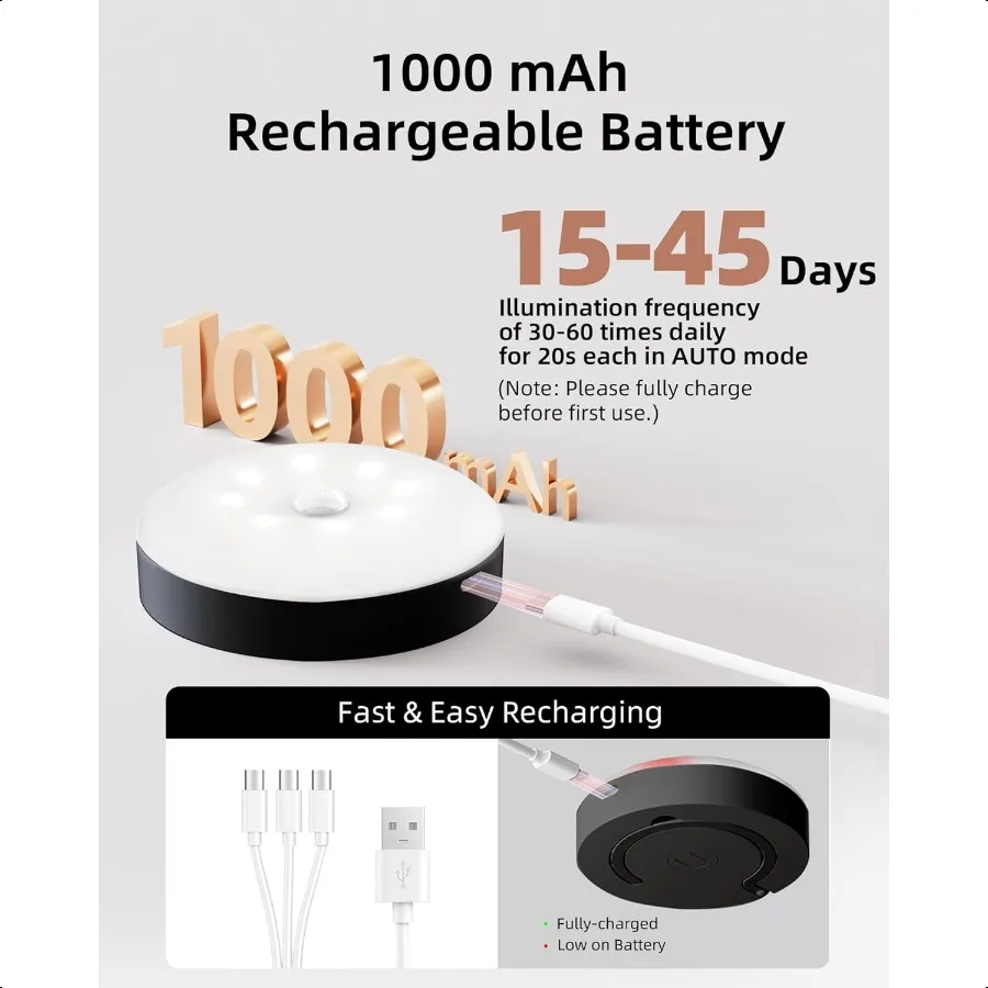 Illuminazione sotto l'armadio Luci a disco ricaricabili da 1000 mAh con telecomando 3 temperature di colore 12 Luci per armadio con sensore di movimento RGB Dimmer per interni