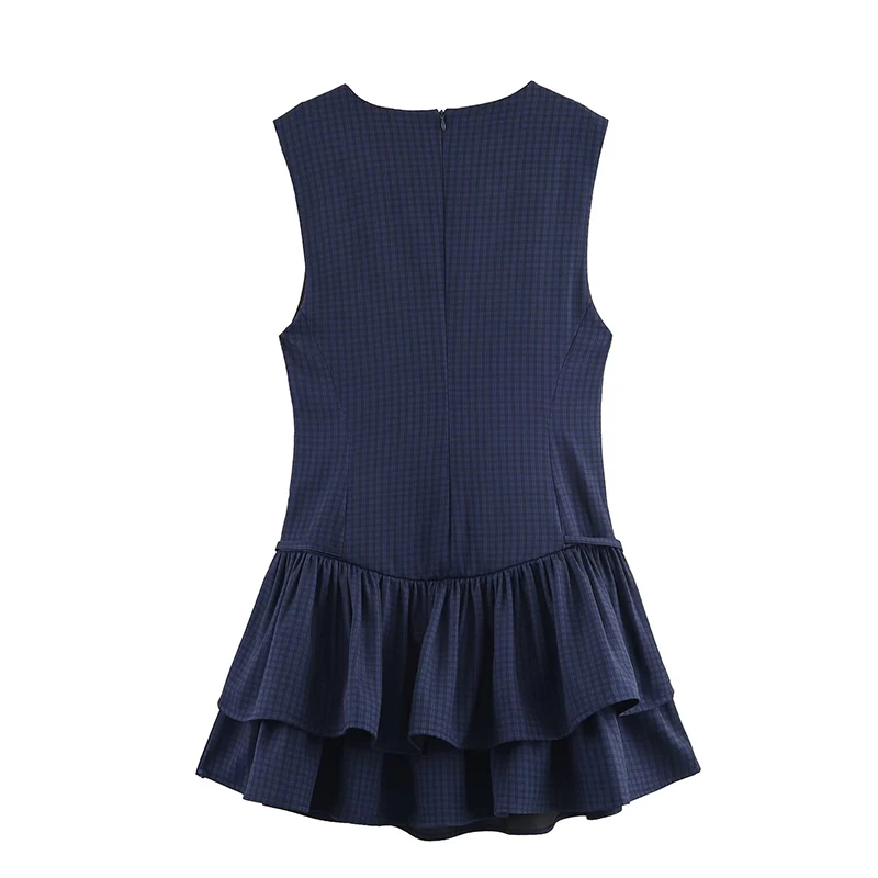 Vestido curto feminino moda xadrez impressão em camadas decoração o pescoço sem mangas vestidos femininos elegantes vestidos de festa