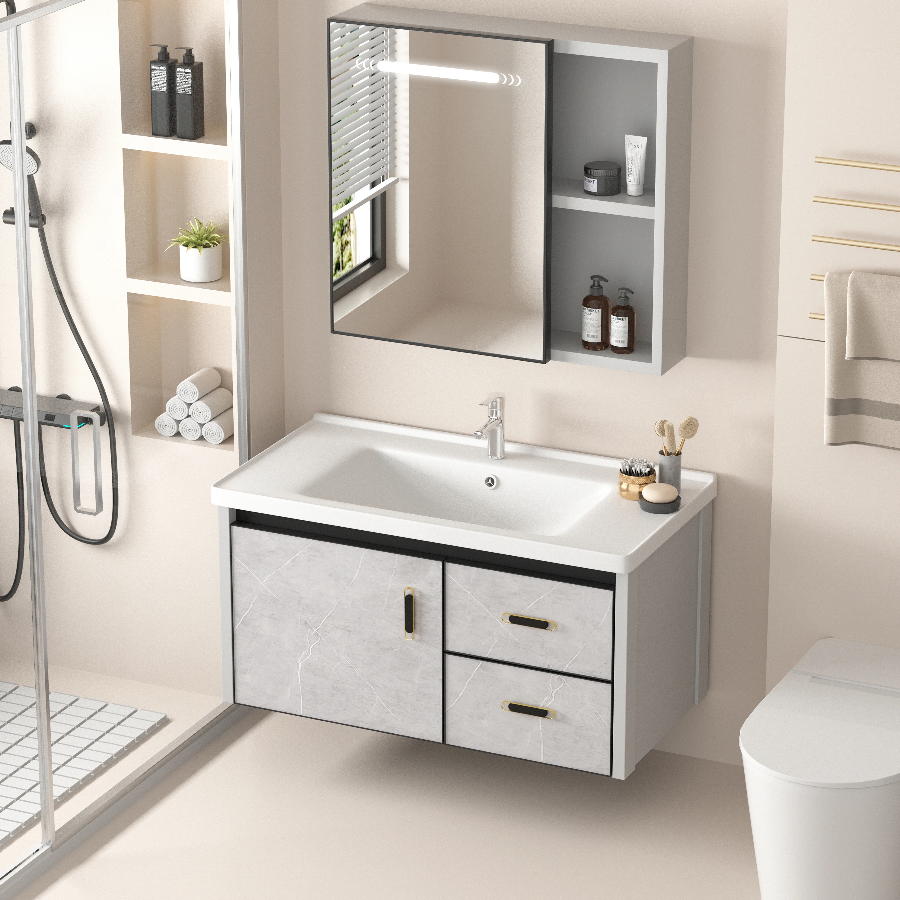 

Space Aluminum Alloy Drawer Washbasin Cabinet Combination Toilet Bathroom Cabinet Washbasin Ceramic Integrated Basin Washstand