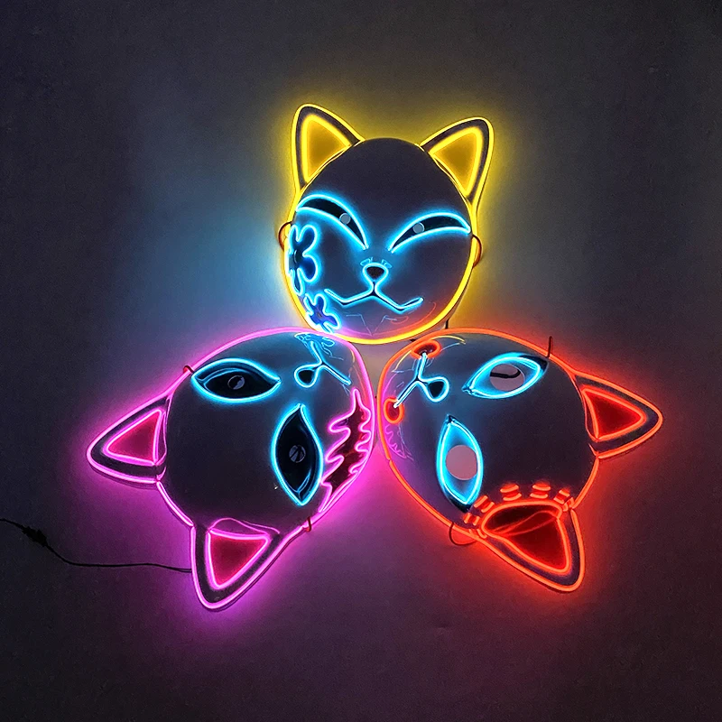 Rave Anime Leuchtende Maske LED Leuchtende Dämon Slayer Maske Für Männer Frauen Cosplay Party Requisiten Neon Katze Maske Karneval Kostüm