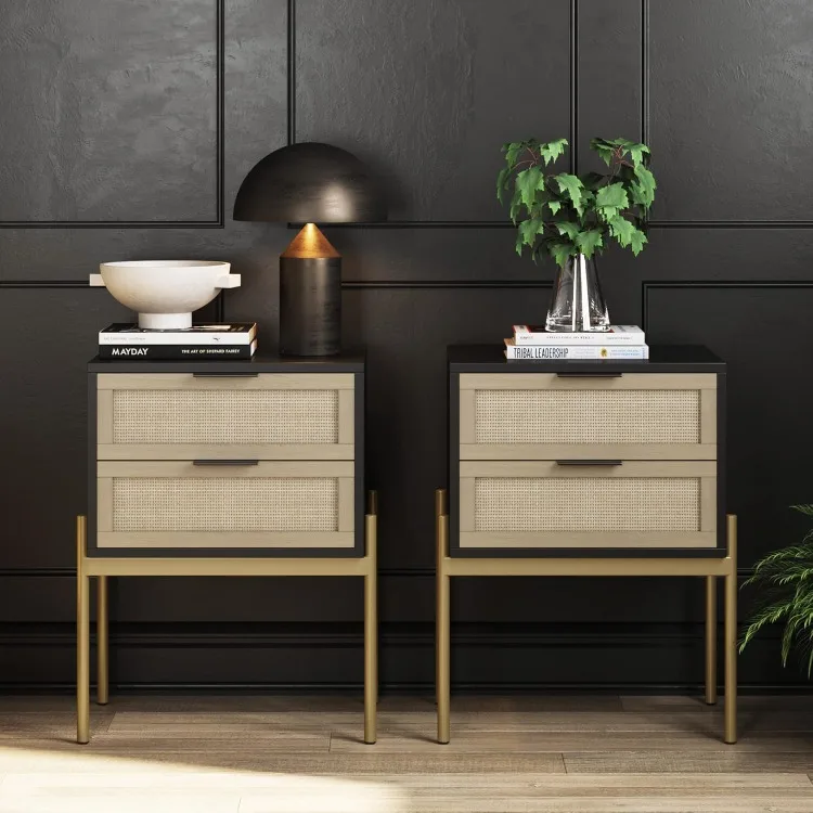 Bedside or Side Table in Matte Black Finish with Two Natural Rattan Drawers Doors for Storage and Brass Gold Accents