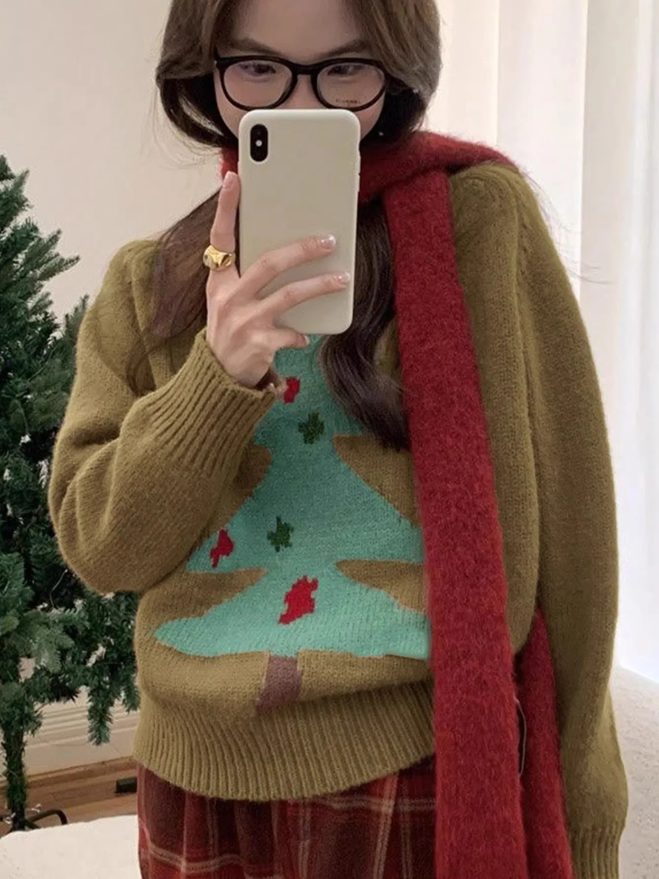 

Cisas Tree Patterned Lazy Sle женский свитер милый универсальный свободный крой вязаный длинный све круглый пуловер Ne