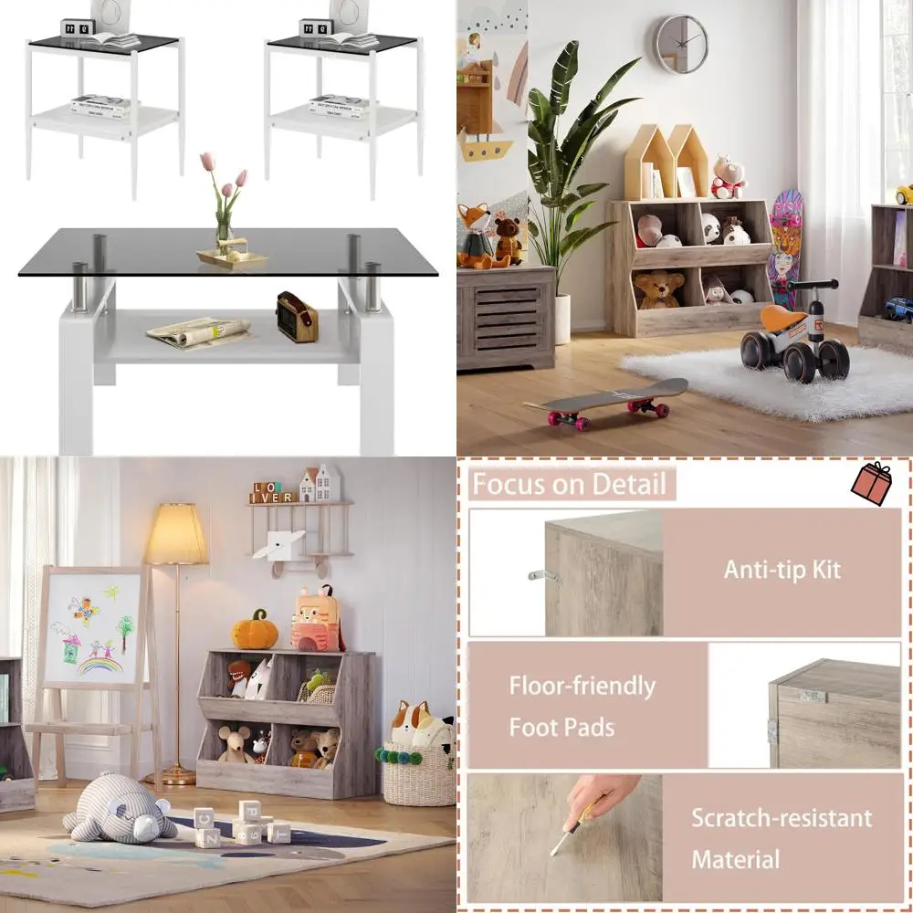 Contemporary Glass and White Wooden 3-Piece Coffee and End Table Set for Living Room with Gray Tops