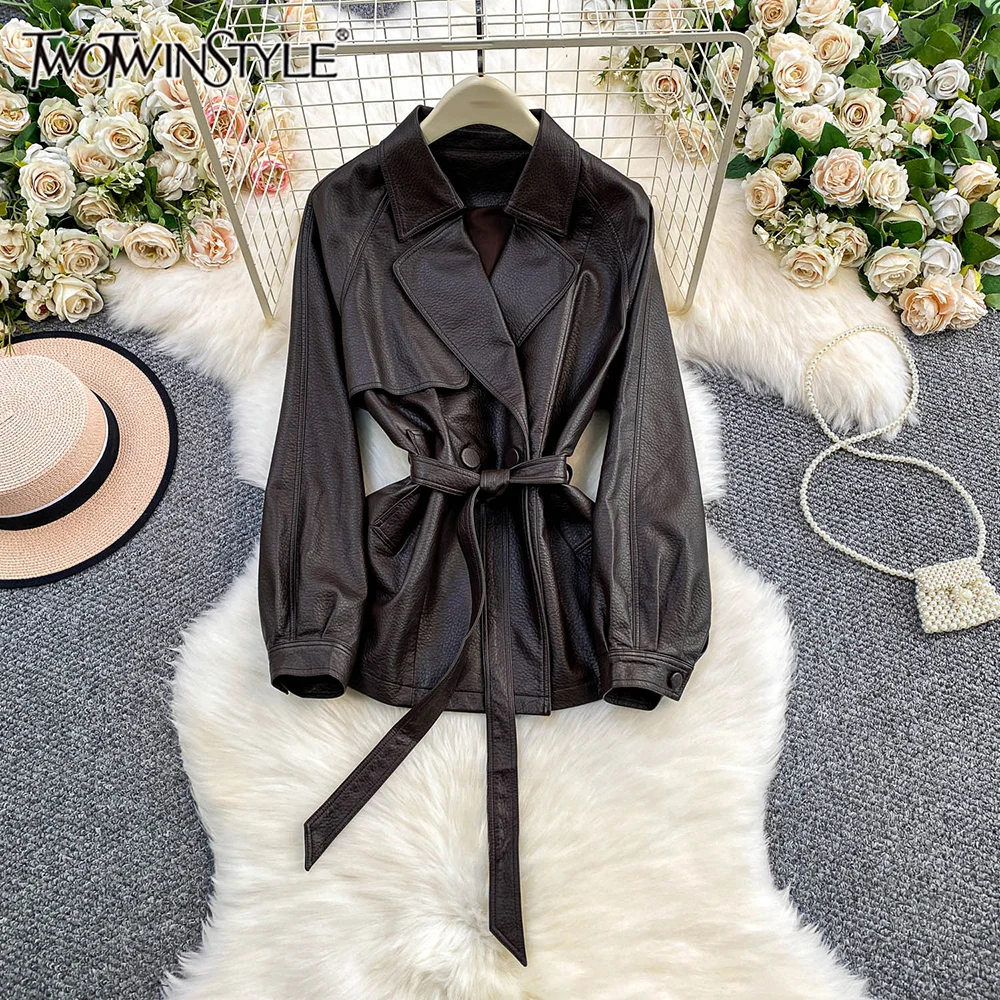 

TWOTWINSTYLE Britain Style Vintage Solid Jackets For Women Lapel Long Sleeve Lace Up Temperament Warm Jacket Female KJA553018