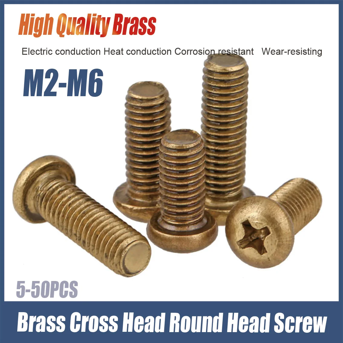 5-50pcs Brass Round Head Screw M2 M2.5 M3 M4 M5 M6 Brass Cross Recessed Machine Screw Threaded Rod Length 4/5/6/8/10/12/16-50mm