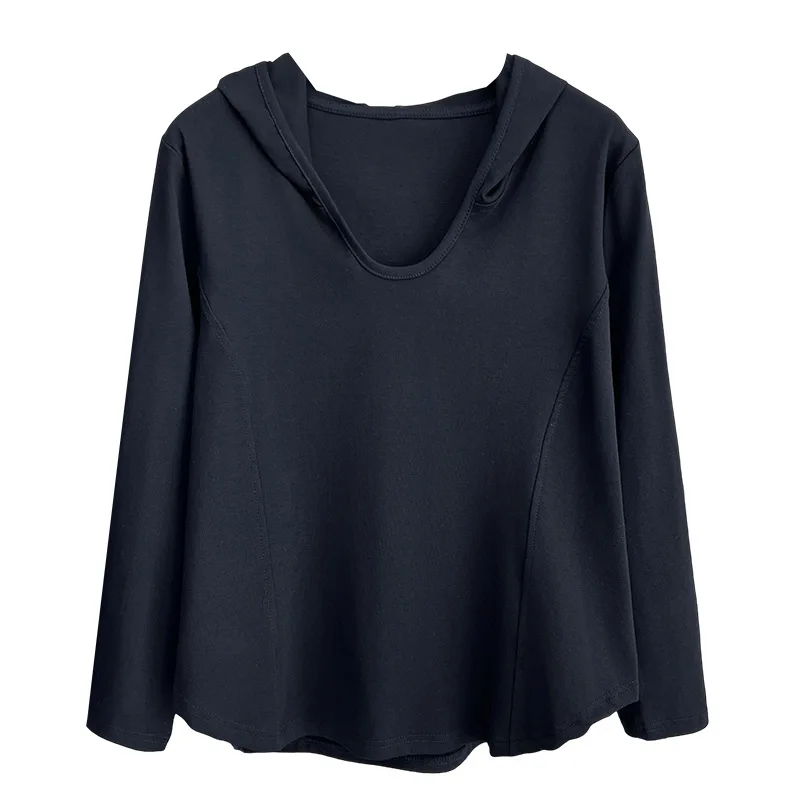 

Женская футболка больших размеров, осенние новые повседневные топы с капюшоном и длинными рукавами, толстовки с v-образным вырезом